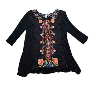 🌸✨THOMAS & OLIVIA Boho Embroidered‎ Tunic Top Black Multicolor XL✨🌸
